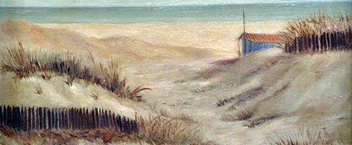 Playa con Valla Azul . óleo sobre cartón . 40x49cm . 1963