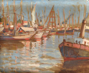 Puerto de Buenos Aires . gouache sobre cartón . 35x43cm . 1945