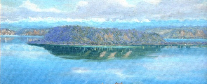 Paisaje Lacustre con Casas . óleo sobre cartón . 26x35cm . 1890