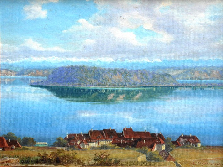 Paisaje Lacustre con Casas . óleo sobre cartón . 26x35cm . 1890