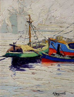 Osvaldo Imperiale. “Barcas en el Riachuelo”. Óleo sobre tabla. 40x31cm. 1936