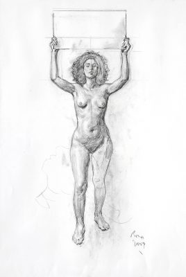 Guillermo Roux . Desnudo con Cartel . carbonilla sobre papel . 100 x 70 cm . 2009
