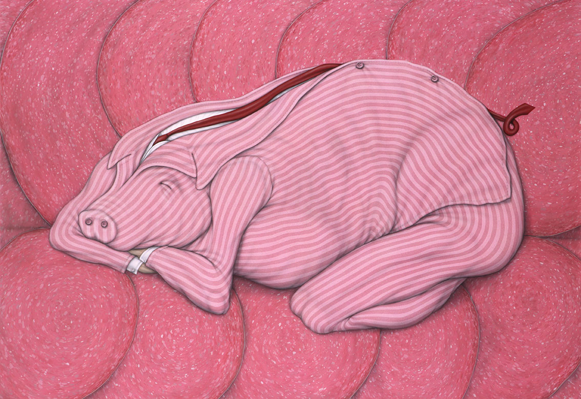 A cada Chancho le llega su Salamín . acrílico sobre lienzo . 140 x 200 . 2017