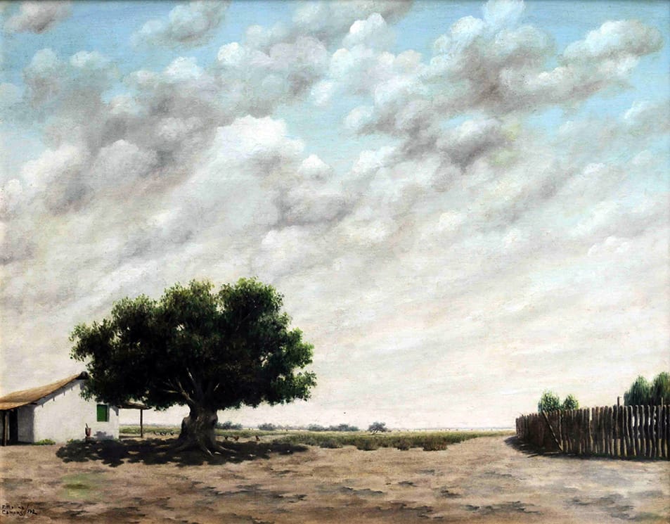 Florencio Molina Campos . Con Corral de Palo a Pique . óleo sobre cartón . 56 x 71 cm . 1942