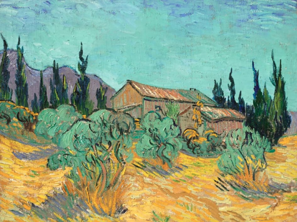 Vincent Van Gogh, “Cabañas de madera entre olivos y cipreses”.